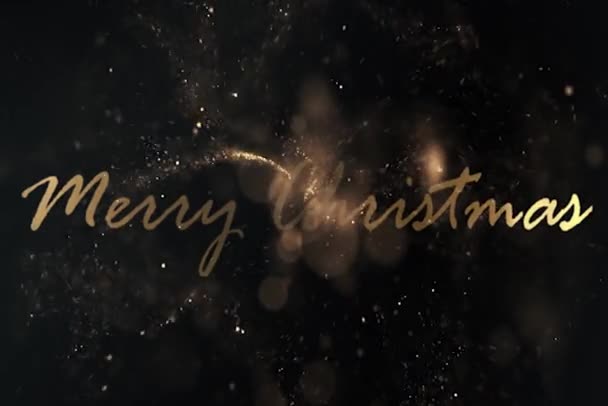 雪の粒子や雪のフレークとメリークリスマス黄金のテキストアニメーション クリスマスカード黒の背景に願い Motion Graphics Animation — ストック動画