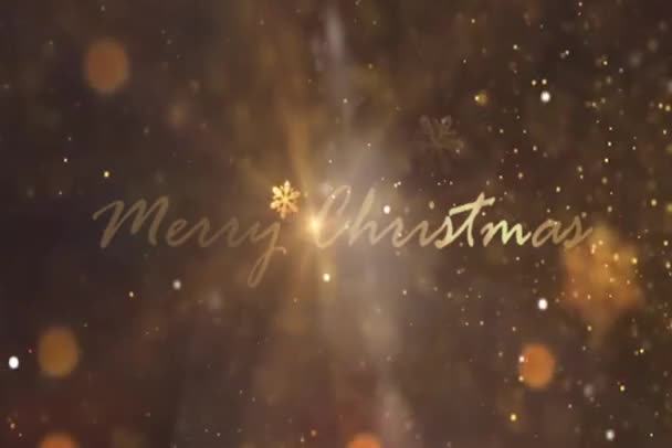 Feliz Navidad Animación Texto Dorado Con Partículas Nieve Copos Nieve — Vídeo de stock