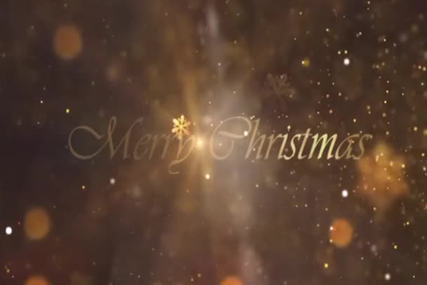 Feliz Navidad Animación Texto Dorado Con Partículas Nieve Copos Nieve — Vídeo de stock