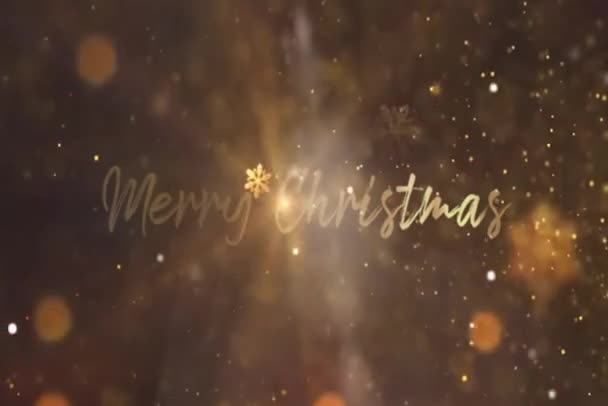 Feliz Natal Animação Texto Dourado Com Partículas Neve Flocos Neve — Vídeo de Stock