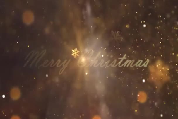 Frohe Weihnachten Goldene Textanimation Mit Schneeteilchen Und Schneeflocken Weihnachtskarte Wunsch — Stockvideo