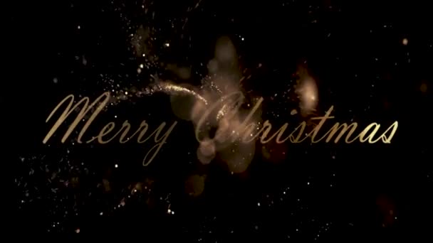 Frohe Weihnachten Goldene Textanimation Mit Schneeteilchen Und Schneeflocken — Stockvideo