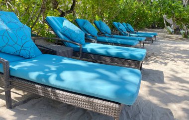 Lüks tropikal otel ya da tatil köylerinde sıcak yaz gününde beyaz kumsalda şezlonglar ya da plaj sandalyeleri. Seyahat, turizm, tatil, tatil konsepti. Palmiye ağaçları, yeşillik