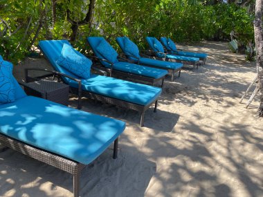 Lüks tropikal otel ya da tatil köylerinde sıcak yaz gününde beyaz kumsalda şezlonglar ya da plaj sandalyeleri. Seyahat, turizm, tatil, tatil konsepti. Palmiye ağaçları, yeşillik