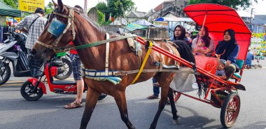 Surakarta, Endonezya, 8 Ocak 2023 Dokar Wisata ya da savaş arabası gezisi, Surakarta, merkez java 'da pazar günü serbest araba alanında yolcuları bekliyor.