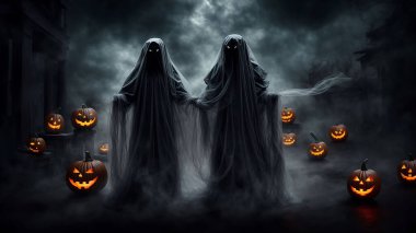 Spooky Halloween Ghost In Spooky dark Night. Holiday event halloween background concept for halloween card and content multimedia creation clipart