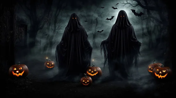 Ürkütücü Karanlık Gecede Ürkütücü Cadılar Bayramı Hayaleti Cadılar Bayramı Kartı — Stok fotoğraf