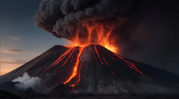 Erupção Vulcânica Com Grandes Explosões Lava Nuvens Quentes Subindo Para — Fotografia de Stock