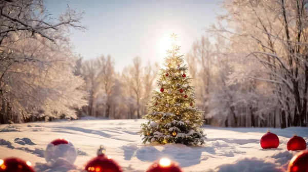 Terfi için silindirik podyumu olan bir Noel arkaplanı. Sunum satışı ürünleri için yuvarlak aşama. Sahne kaidesi ya da platformu Noel ağaçları arasında, cam toplar sallanıyor.