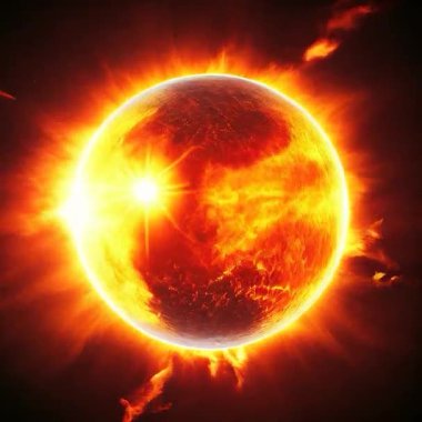 Güneş ateş küresi muazzam miktarda enerji ve alevler yayar, yıldız gezegeni, dış uzayda güneş.