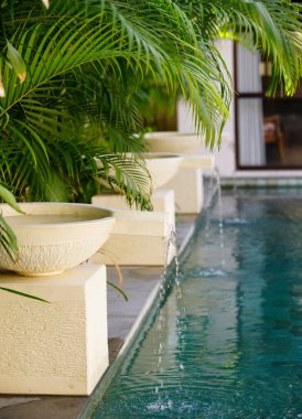 Havuzu, tropikal süsü ve tropikal mavi su manzaralı havuzu olan güzel çağdaş bir ev dış ev tasarımı için temiz bahçe fikirleri olan.