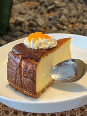 Limonlu cheesecake taze pişmiş dilim, New York usulü klasik peynirli kek tatlı tabağında. Tatlı kaşığıyla servis edilen beyaz tabakta bir dilim lezzetli pasta, yemek kitabına iyi gelir.