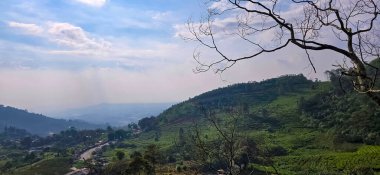Tepenin tepesindeki güzel manzara, yeşil manzara ve bulutlu mavi gökyüzü Puncak Geçidi 'ndeki konum, bogor, Endonezya duvar kâğıdı ve arkaplan için iyidir.
