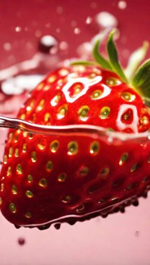 Renkli tatlı su sıçratan taze çilek, seçici odak multimedya dekorasyonu ve yaratıcı içerik oluşturma için iyi