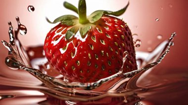 Renkli tatlı su sıçratan taze çilek, seçici odak multimedya dekorasyonu ve yaratıcı içerik oluşturma için iyi