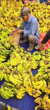 Bogor şehrindeki ıslak pazarda muz satışı, Asya 'daki batı Java market meyve satıcısı, blog materyali için Asya' daki kamu pazarı durumu
