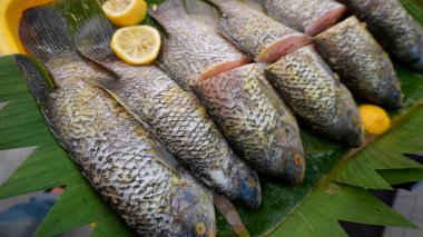 Tam porsiyon Guorami balığı süpermarkette pişirmek ya da satmak için hazırlanan bir çeşit tilapia balığı muz yapraklarıyla güzelce düzenlenir ve limonlarla süslenir, bu kurulum deniz ürünlerini, tropikal mutfağı ve taze yemek malzemelerini ön plana çıkarır..