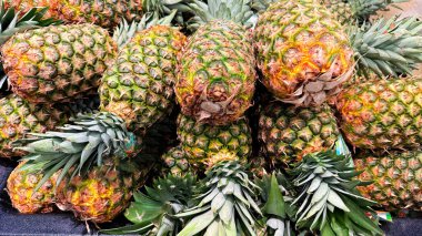 Tropikal bir atmosfer sergileyen taze, olgun ananasların renkli bir görüntüsü. Parlak ve detaylı görüntü meyvelerin sulandırıcılığını ve doğal çekiciliğini vurgular..