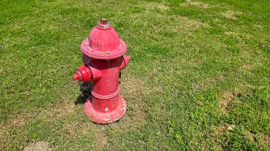 Güneşli bir gökyüzünün altında yeşil çimlerle çevrili parlak kırmızı yangın musluğu, kentsel ve kırsal bölgelerdeki yangın söndürme altyapısı için hayati bir acil durum hizmetini gösteriyor, güneşli bir gökyüzünün altında yeşil çimlerle çevrili parlak kırmızı yangın musluğu,