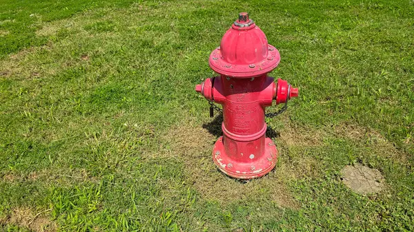 Güneşli bir gökyüzünün altında yeşil çimlerle çevrili parlak kırmızı yangın musluğu, kentsel ve kırsal bölgelerdeki yangın söndürme altyapısı için hayati bir acil durum hizmetini gösteriyor, güneşli bir gökyüzünün altında yeşil çimlerle çevrili parlak kırmızı yangın musluğu,