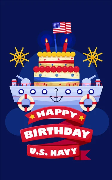 Feliz Cumpleaños Marina Los Estados Unidos Ilustración Barco Con Pastel — Vector de stock