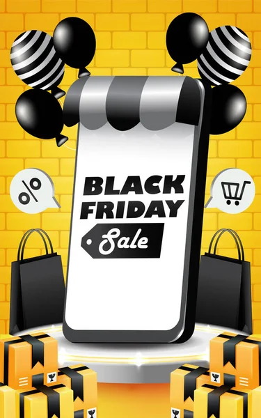 Black Friday Sale Compras Line Divertidas Seu Smartphone — Vetor de Stock