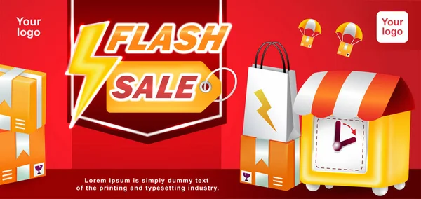 Flash Försäljning Gul Klocka Och Shopping Paket Illustration — Stock vektor