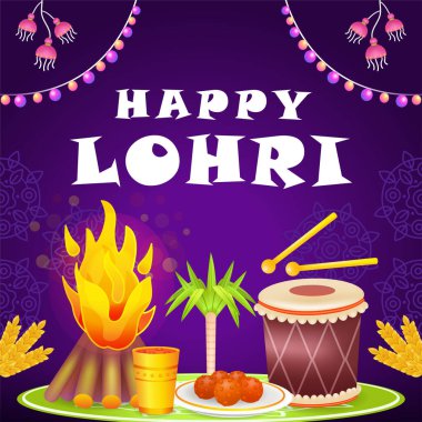 Mutlu Lohri 'ler. Şenlik ateşi, davul, şeker kamışı, yiyecek ve içeceğin 3D çizimi