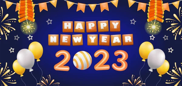 Happy New Year 2023 Illustration Balloon Ornament Firecrackers Fireworks — Stock Vector