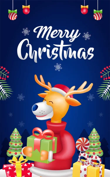 Καλά Χριστούγεννα Απεικόνιση Ενός Ελαφιού Κρατώντας Ένα Δώρο Χριστουγεννιάτικη Διακόσμηση — Διανυσματικό Αρχείο