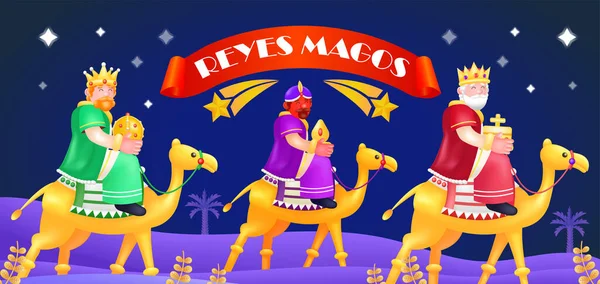 Reyes Magos. Arkasında kayan bir yıldız olan ve deveye binen üç rahibin üç boyutlu bir çizimi.