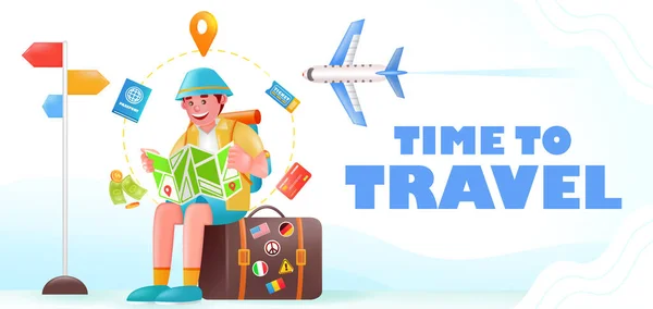 Time Travel Illustration Homme Assis Sur Une Valise Regardant Destination — Image vectorielle