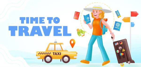 Time Travel Illustration Femme Portant Une Valise Attendant Taxi — Image vectorielle