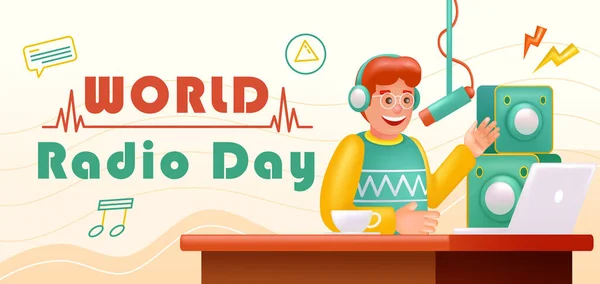 Всемирный День Радио Иллюстрация Человека Делающего Радиопередачу — стоковый вектор