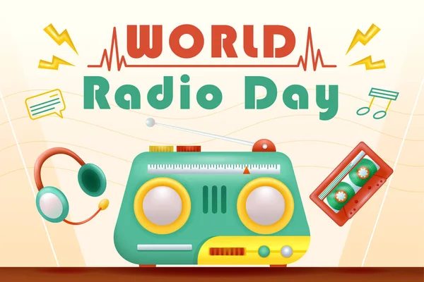 Всемирный День Радио Иллюстрация Радио Гарнитуры Кассеты — стоковый вектор