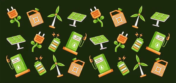 Yeşil enerji. Güneş paneli, rüzgar türbini, pil ve benzin ikonu deseni