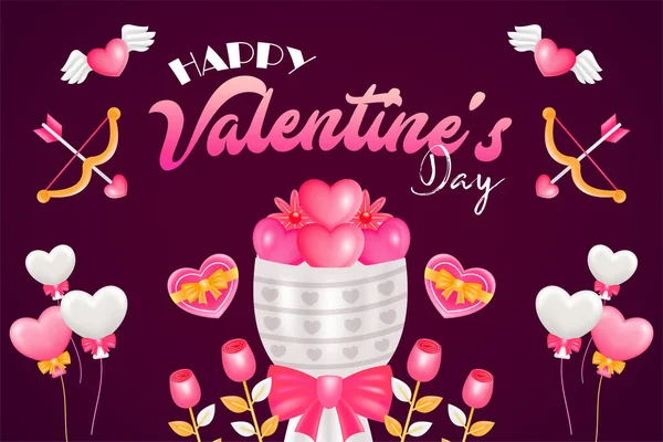 Happy Valentine Day Ilustrasi Karangan Bunga Berbentuk Hati - Stok Vektor
