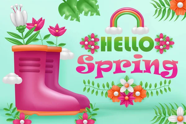 Stock vector Hello spring. 3d illustration of boots, basket and flower watering pot, with ornamental tropical plants