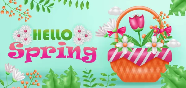 Привет Весна Иллюстрация Сапоги Корзина Цветочный Горшок Декоративными Тропическими Растениями — стоковый вектор