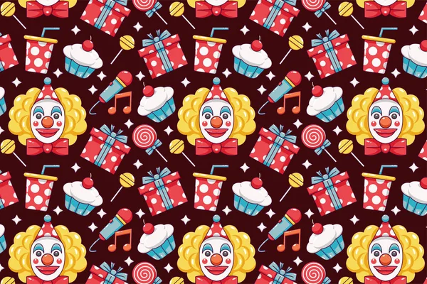 Joyeux Anniversaire Motifs Gâteau Clown Crème Glacée Ballons Cadeaux Vin — Image vectorielle
