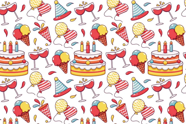 Happy Birthday Patterns Cake Clown Ice Cream Balloons Gifts Wine — Stock Vector