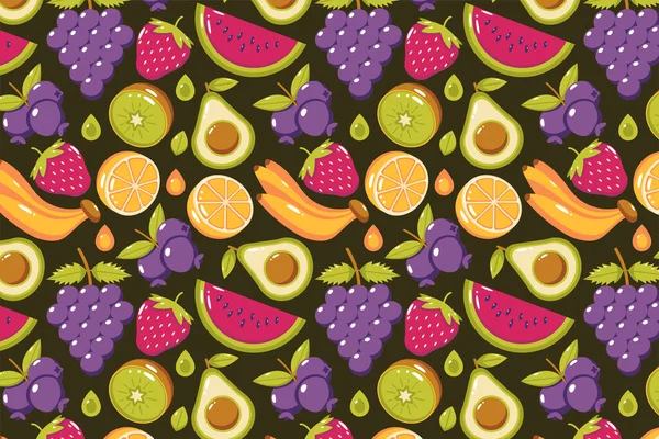 Vers Fruitpatroon Watermeloenen Aardbeien Druiven Bananen Avocado Bosbessen Kiwi Sinaasappelen — Stockvector