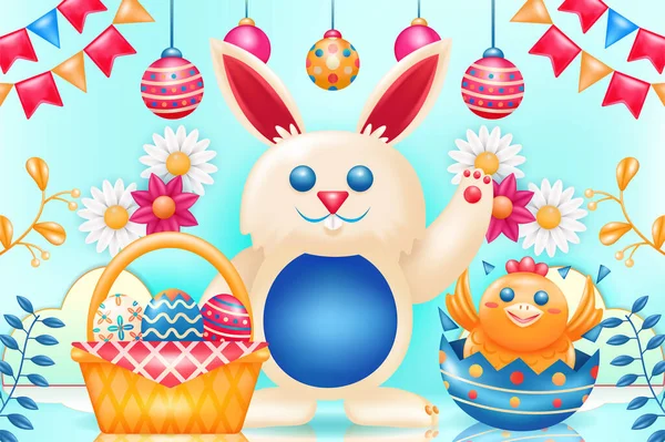 复活节快乐 蛋篮和小鸡的3D例证 — 图库矢量图片
