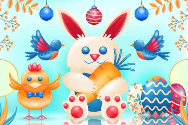 Veselé Velikonoce Ilustrace Králíka Který Chová Mrkev Kuřata Vejce Ptáky — Stockový vektor