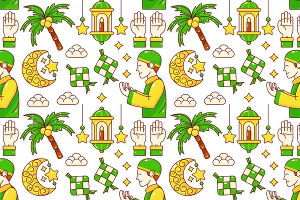 Ramadán Kareem Gente Rezando Cocoteros Tambores Teteras Lámparas Mezquitas Patrones — Archivo Imágenes Vectoriales