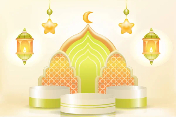 Suave Elegante Podio Islámico Con Cocoteros Mezquitas Lámparas Cortinas Ornamentales — Archivo Imágenes Vectoriales