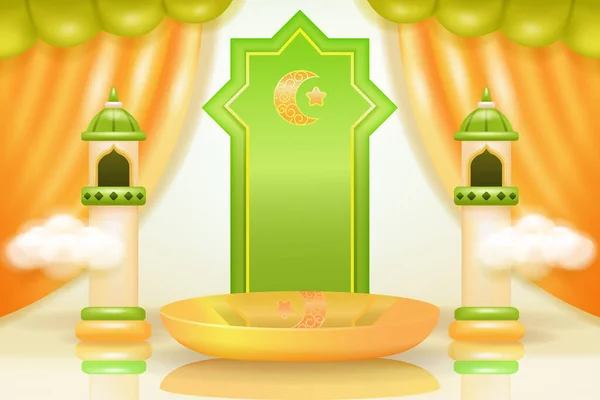 Měkké Elegantní Islámské Pódium Kokosovými Ozdobami Mešitou Lampou Záclonami Realistický — Stockový vektor