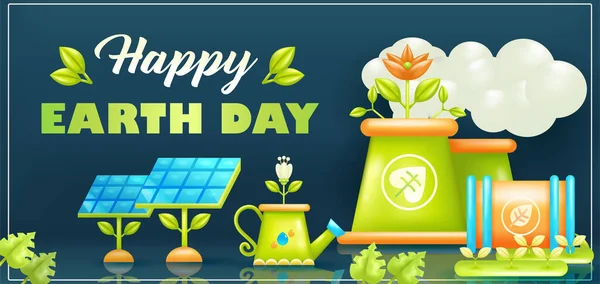 地球日快乐 3D矢量太阳能电池板 工厂用水 工厂废物和自然 — 图库矢量图片
