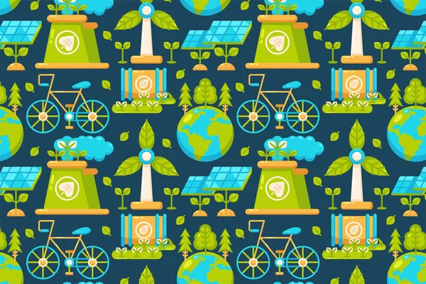 Happy Earth Day Earth Factories Windmills Bicycles Solar Panels Natural — Stock Vector