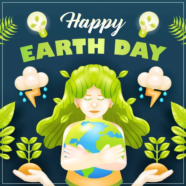 地球日快乐 病媒3D妇女用植物饰物抱着大地 — 图库矢量图片